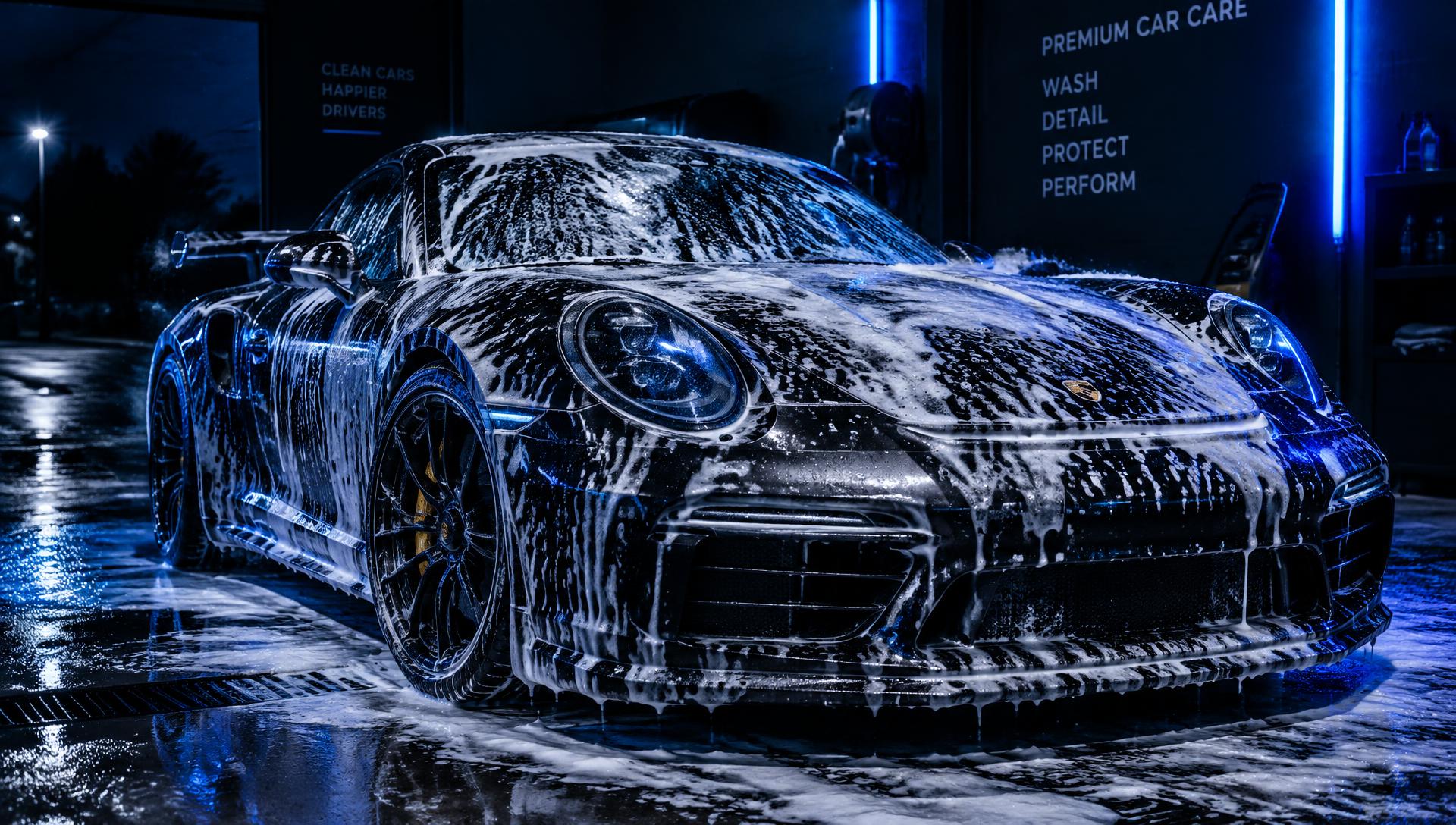 Voiture de sport recouverte de mousse dans un garage sombre